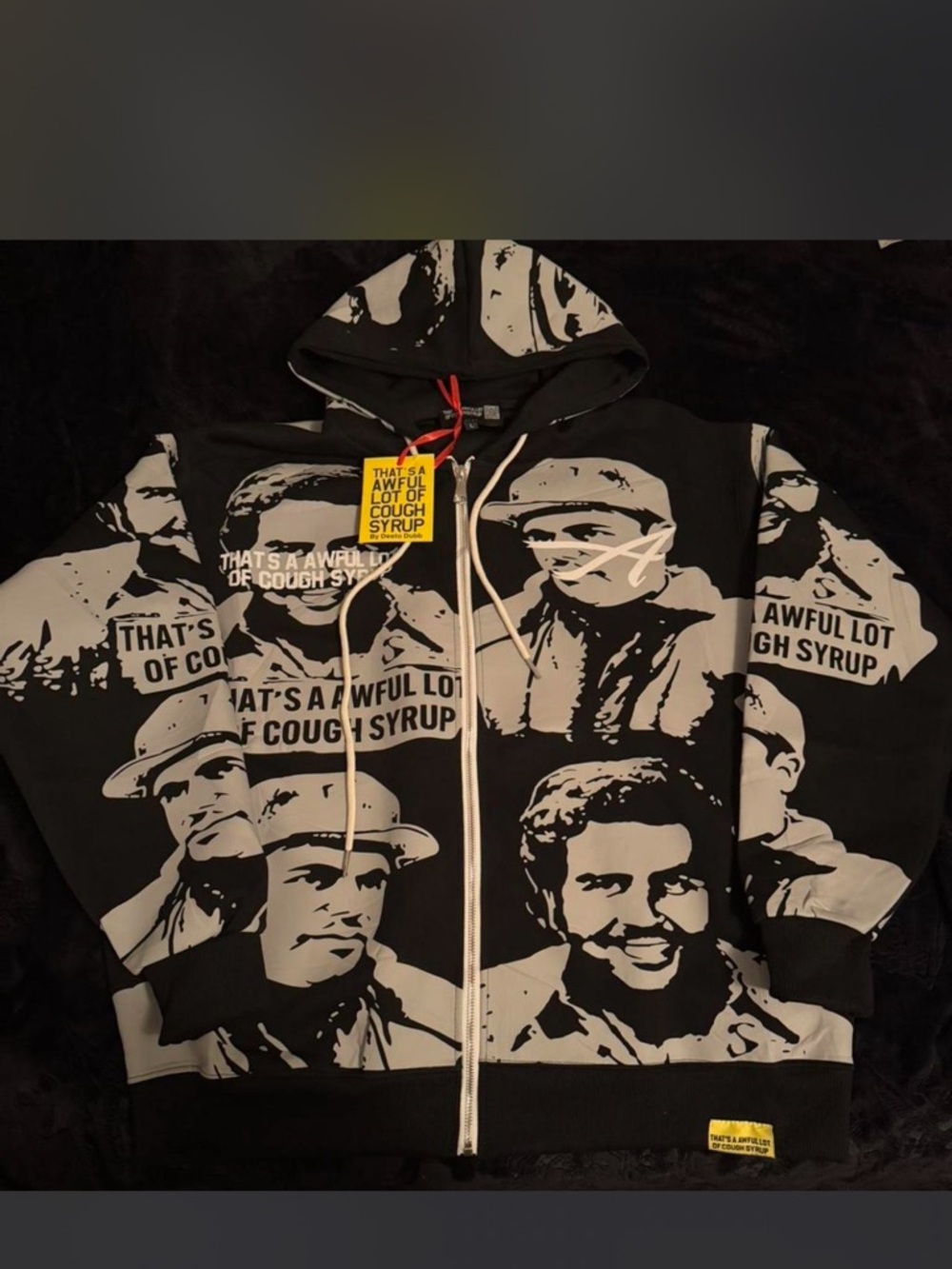 Graphic Black & Cream Zip-Up Hoodie Sweater with All-Over Print